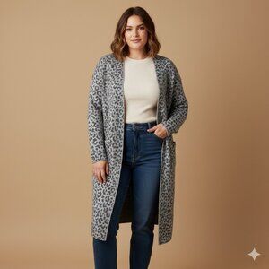 Jessica Simpson Animal Print Cotton Open Front Long Duster Sweater Gray XL